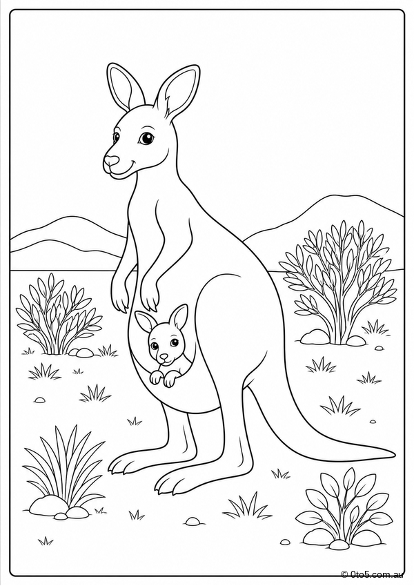 Australian Kangaroo and Joey Coloring Page thumbnail