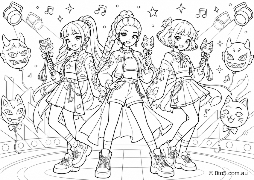 K-Pop Demon Hunter Group Coloring Page thumbnail