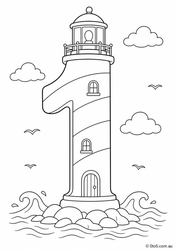 Ocean Number 1 Lighthouse Coloring Page thumbnail