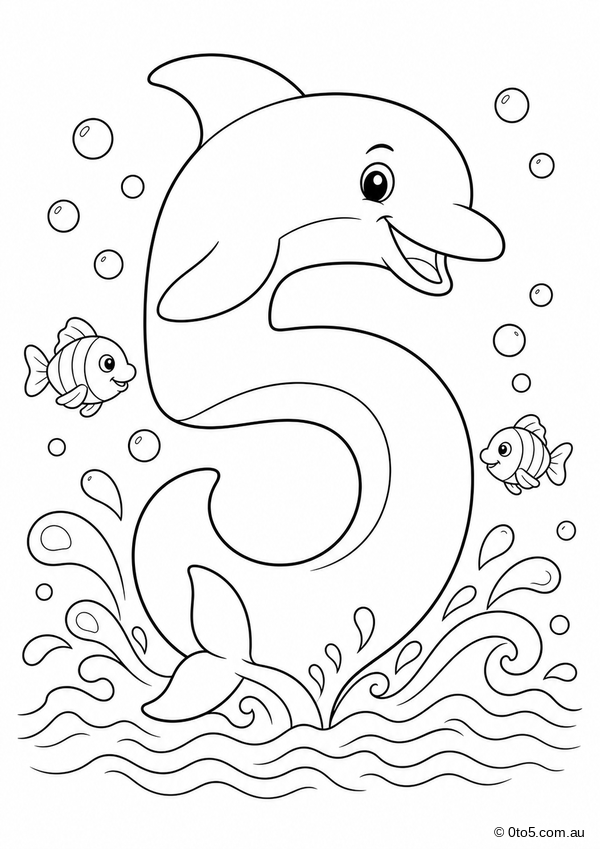 Ocean Number 5 Dolphin Coloring Page thumbnail