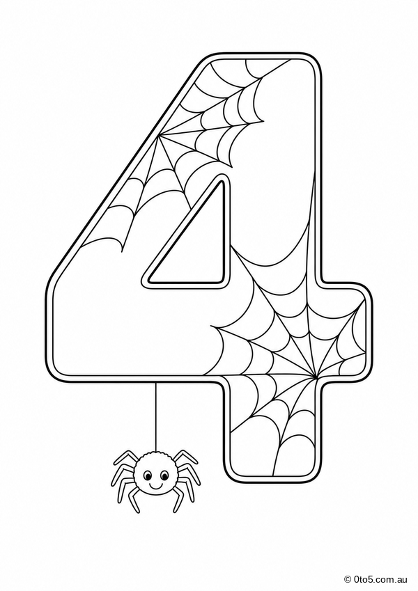Spooky Number 4 Spider Web Coloring Page thumbnail